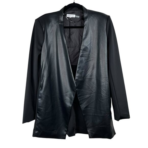 Calvin Klein Mixed Media Black Faux Leather Open Front Blazer Jacket 4 NWT - Picture 2 of 16